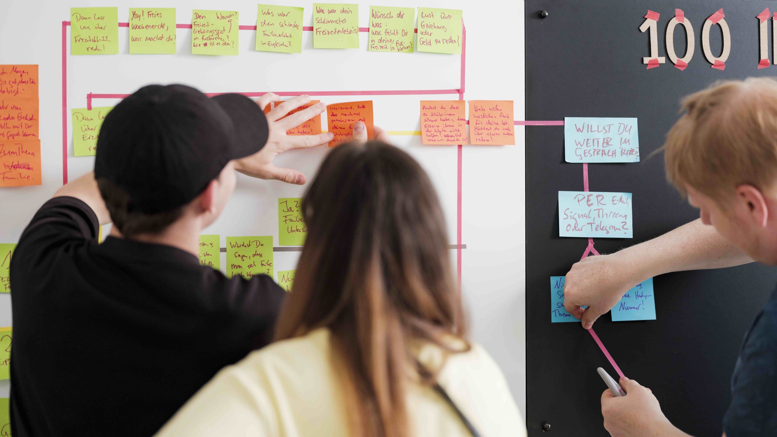Drei Menschen stehen bei einem Workshop von tactile.news an einer Post-it-Wand